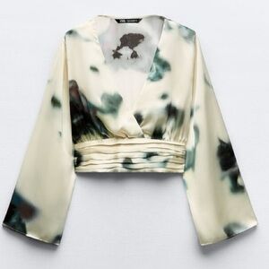 Zara Tiedye Silky Bell Sleeve cropped blouse Top L